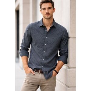 Civil Society Mens Charcoal Grey Blue Clip Dot Button Down Shirt Medium